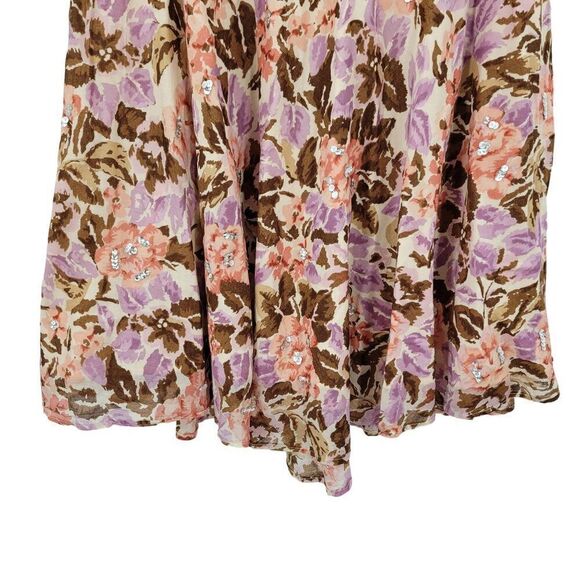 Y2K Floral Midi Skirt 8 Cotton Pink Brown Asymmetrical Sequin Details Boho India - Picture 7 of 15